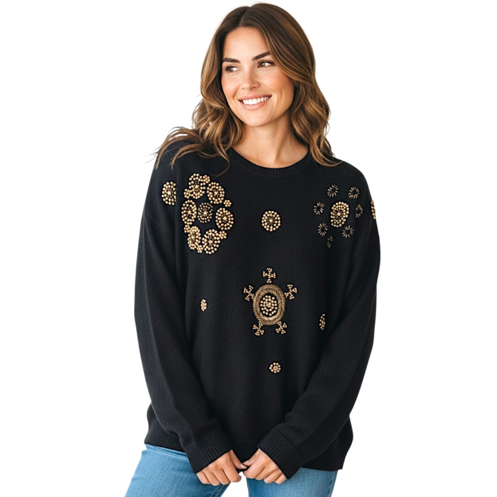 Vintage Ramie Knit Sweater L Black Gold Beaded Embellished Pullover Grannycore
